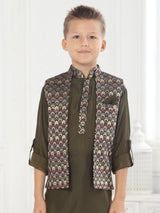 Stylish dark olive embroidered waistcoat set for boys