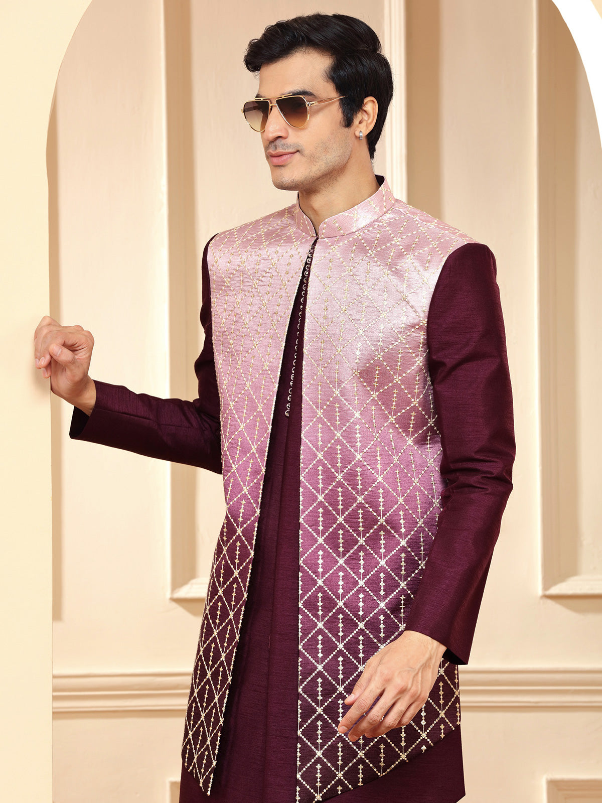 Stylish maroon raw silk indowestern