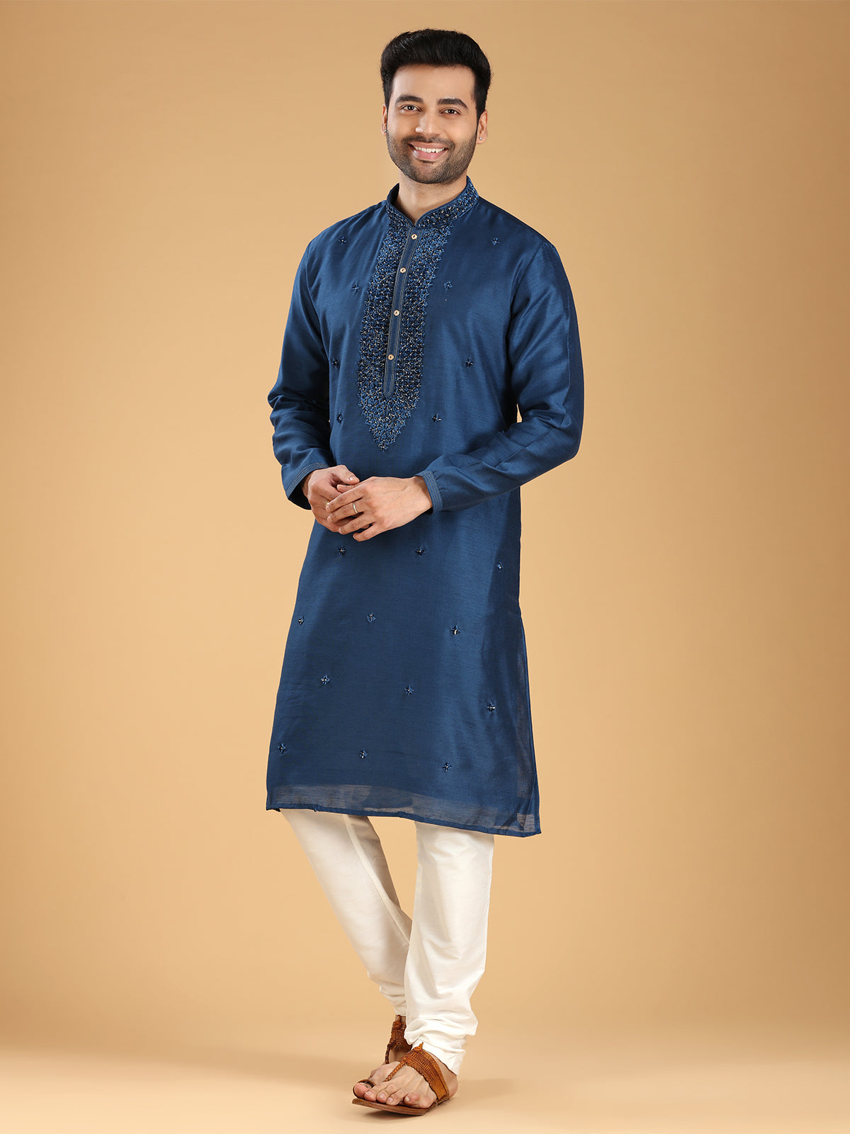 Stylish navy silk kurta suit
