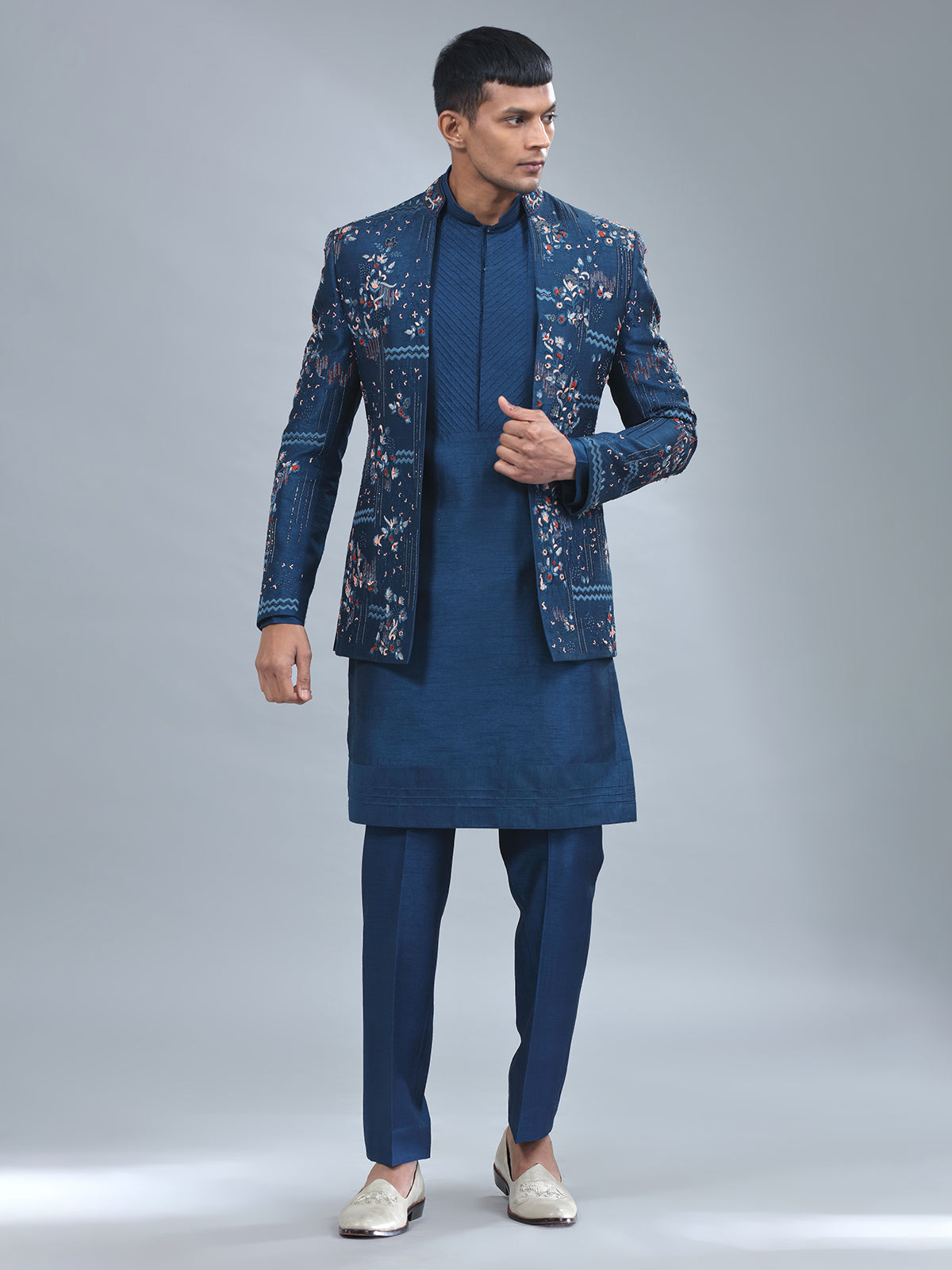Stylish navy terry rayon indowestern
