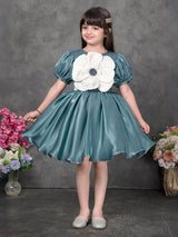 Teal blue satin silk frock for party wear