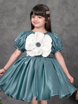 Teal blue satin silk frock for party wear