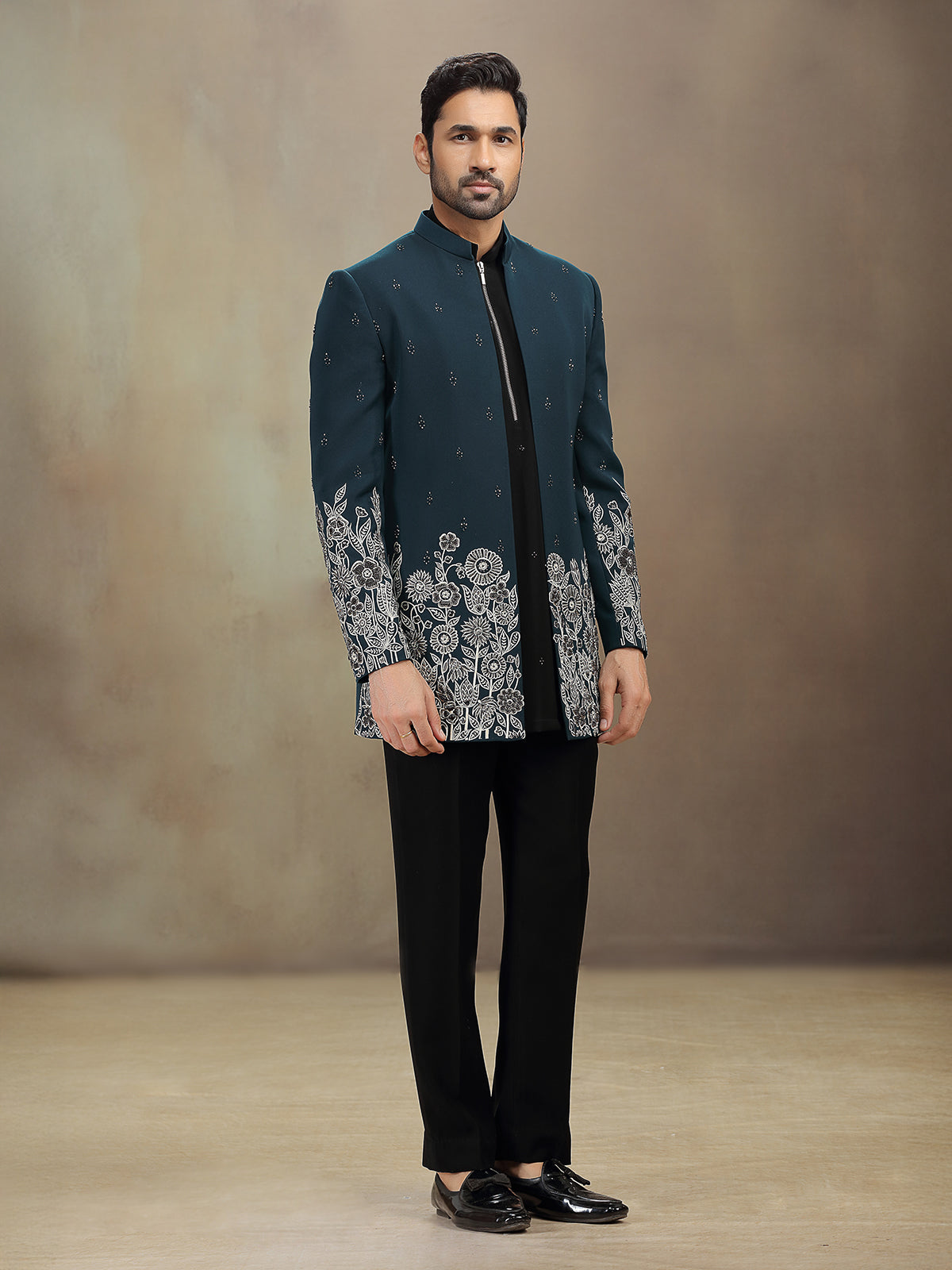 Teal Green terry rayon indowestern set with embroidery