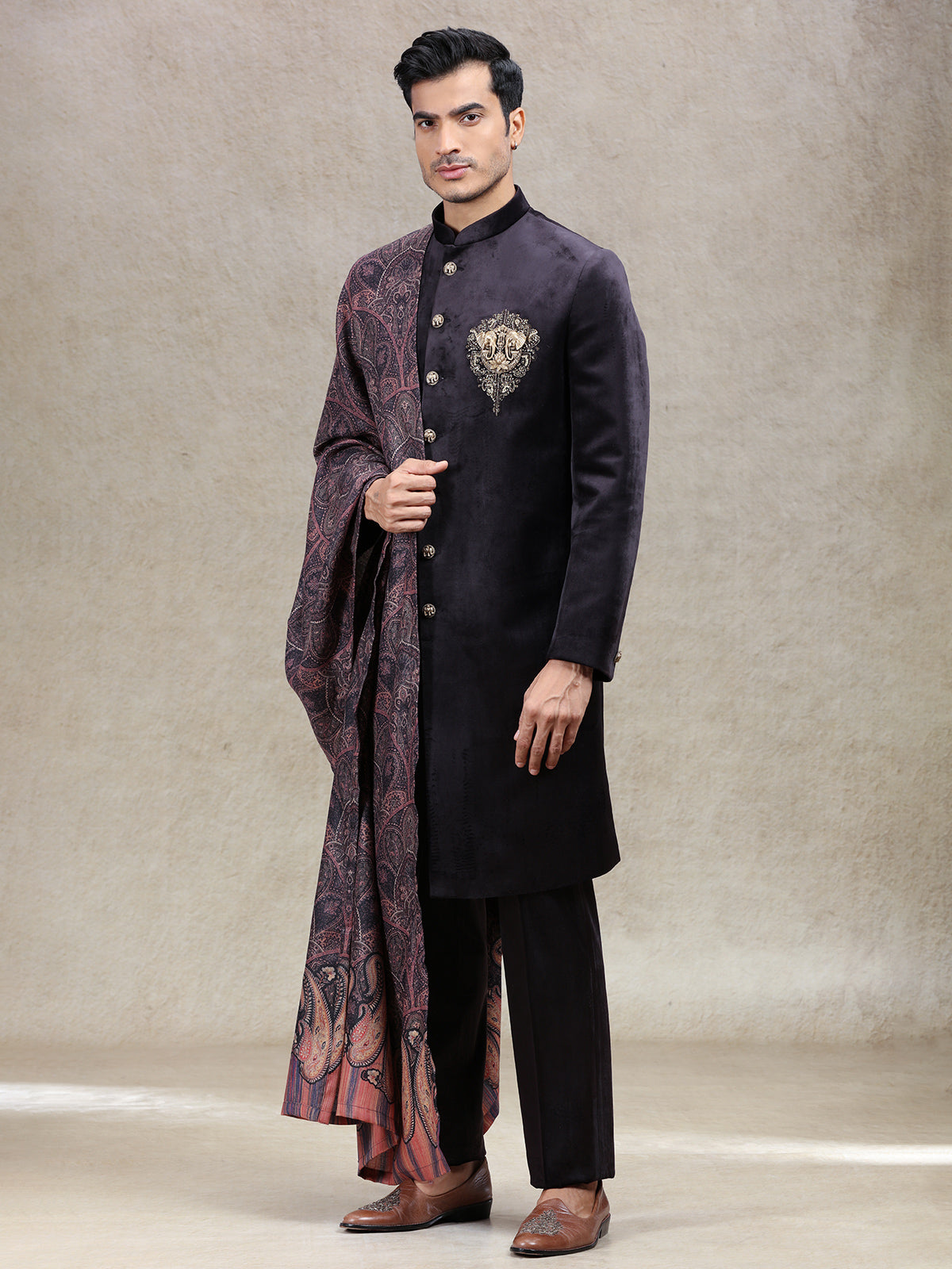Timeless classsy wine sherwani in velvet with dupatta