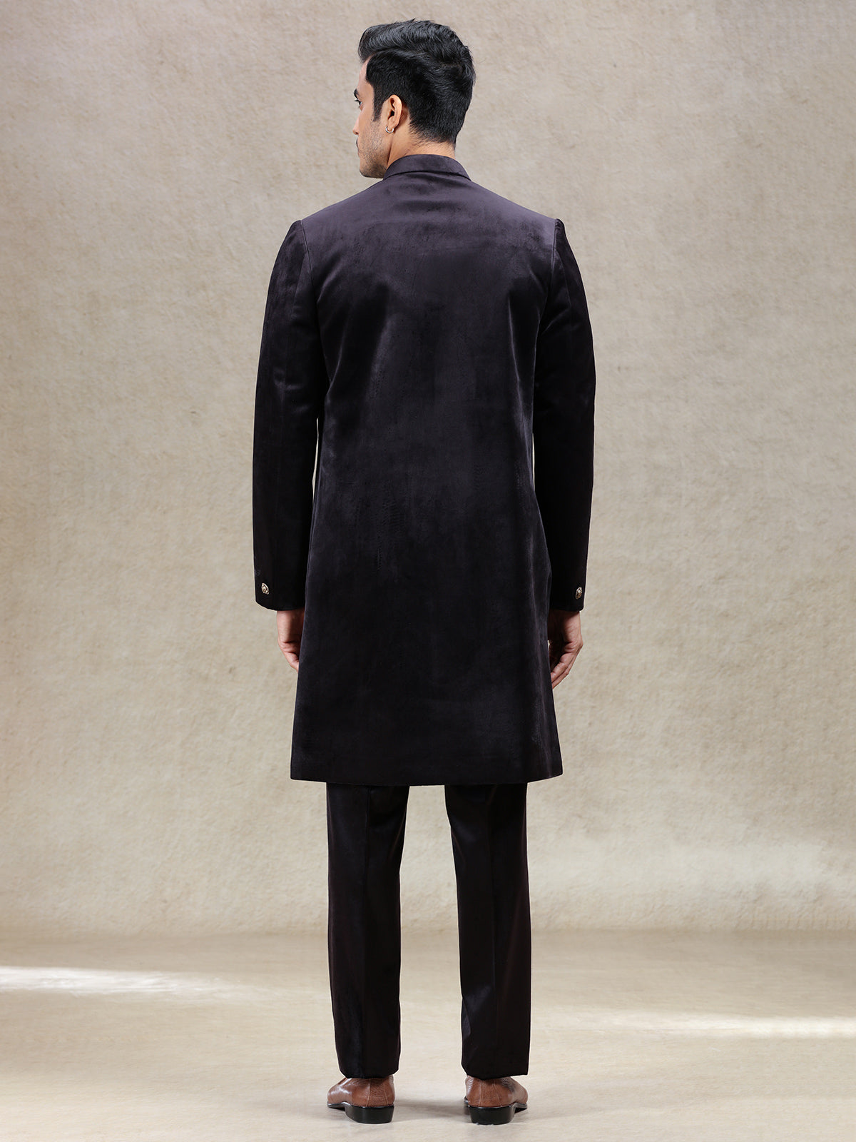 Timeless classsy wine sherwani in velvet with dupatta