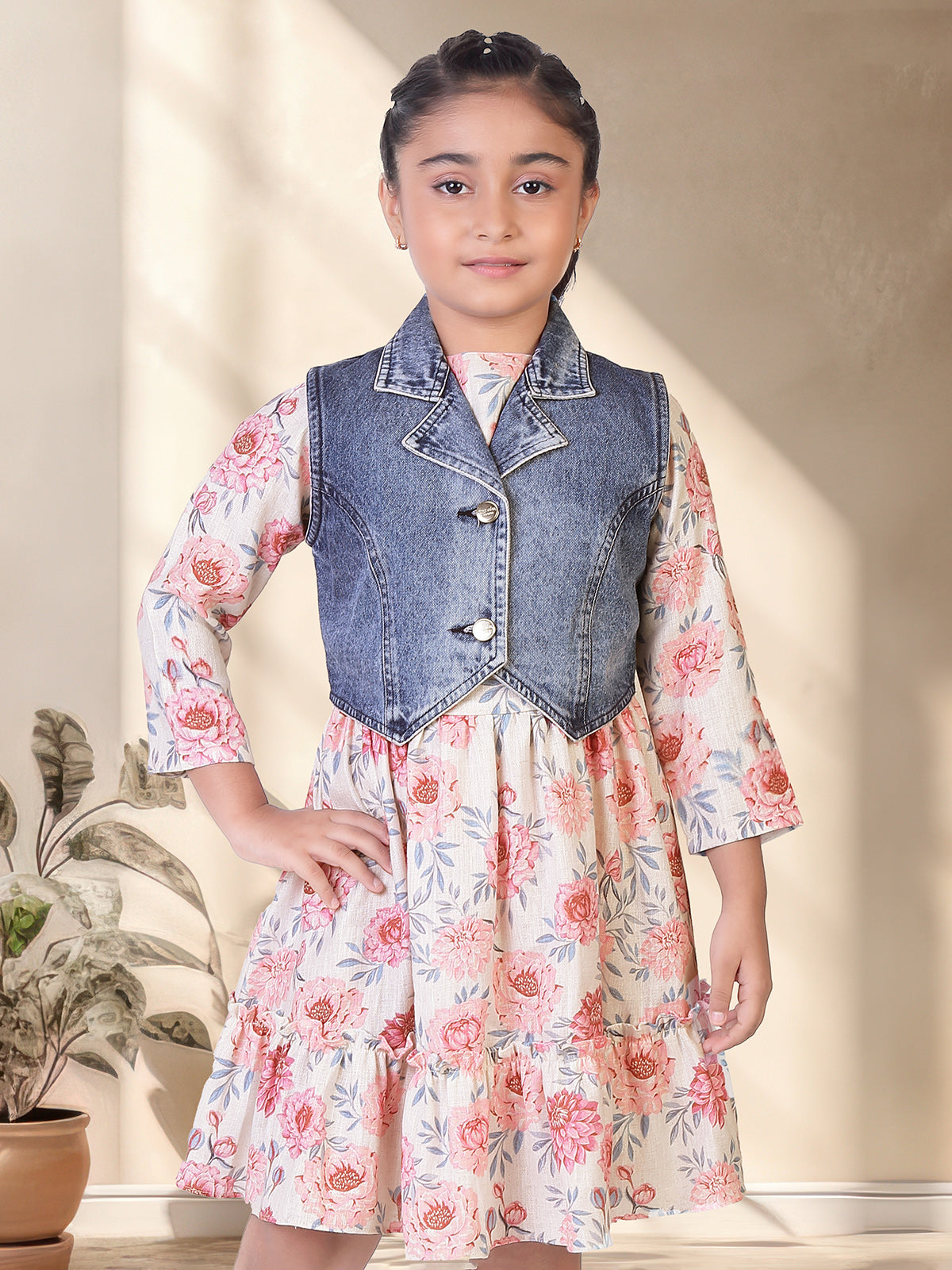 TINY GIRL off white printed frock with denim jacket