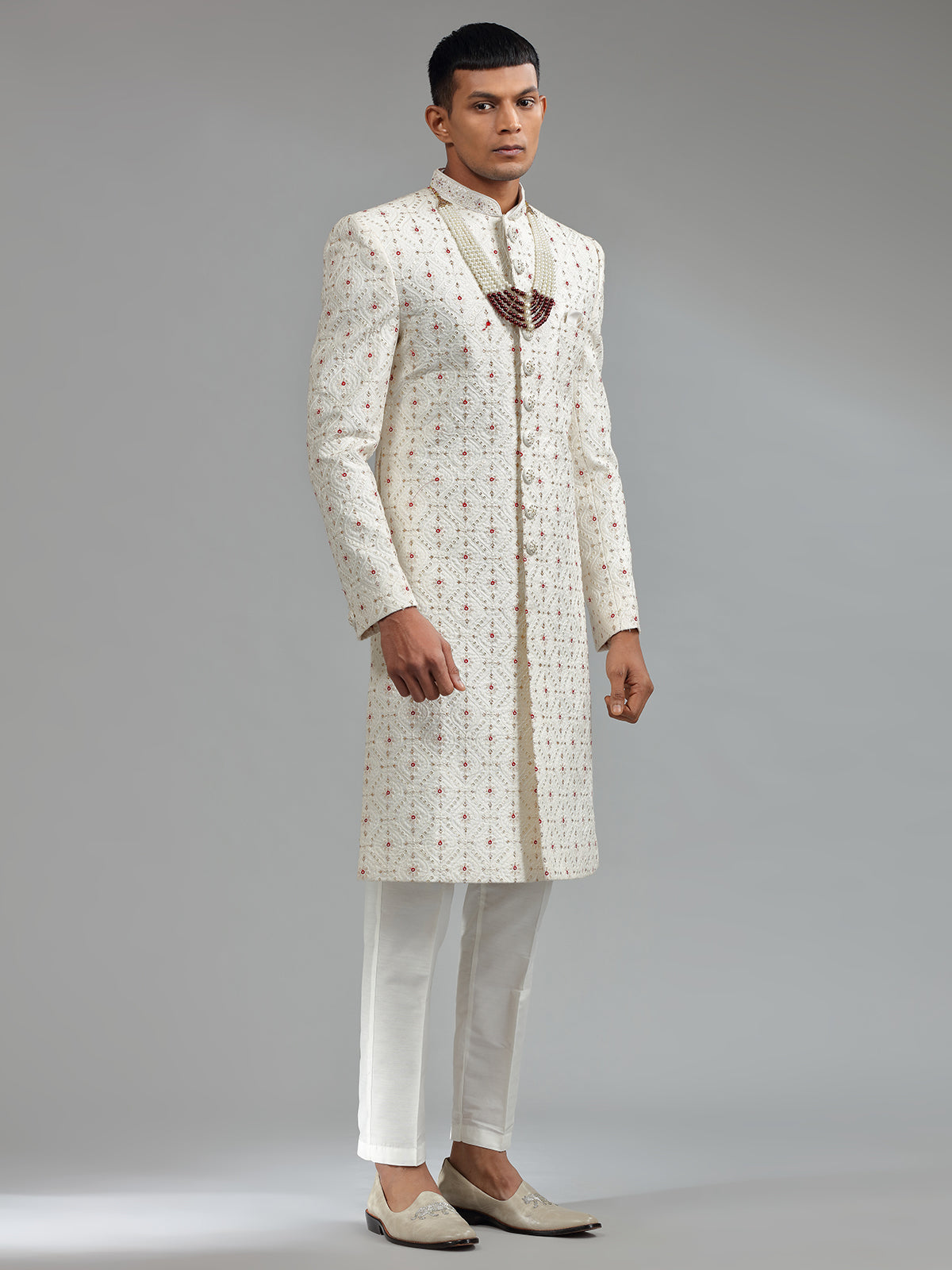 Traditional white silk sherwani wuth bottom