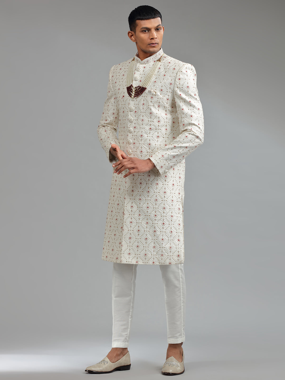 Traditional white silk sherwani wuth bottom