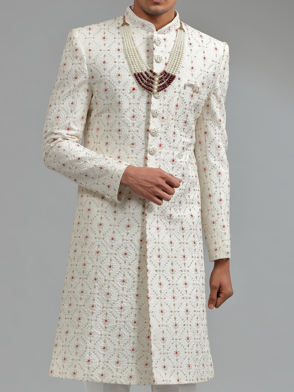 Traditional white silk sherwani wuth bottom