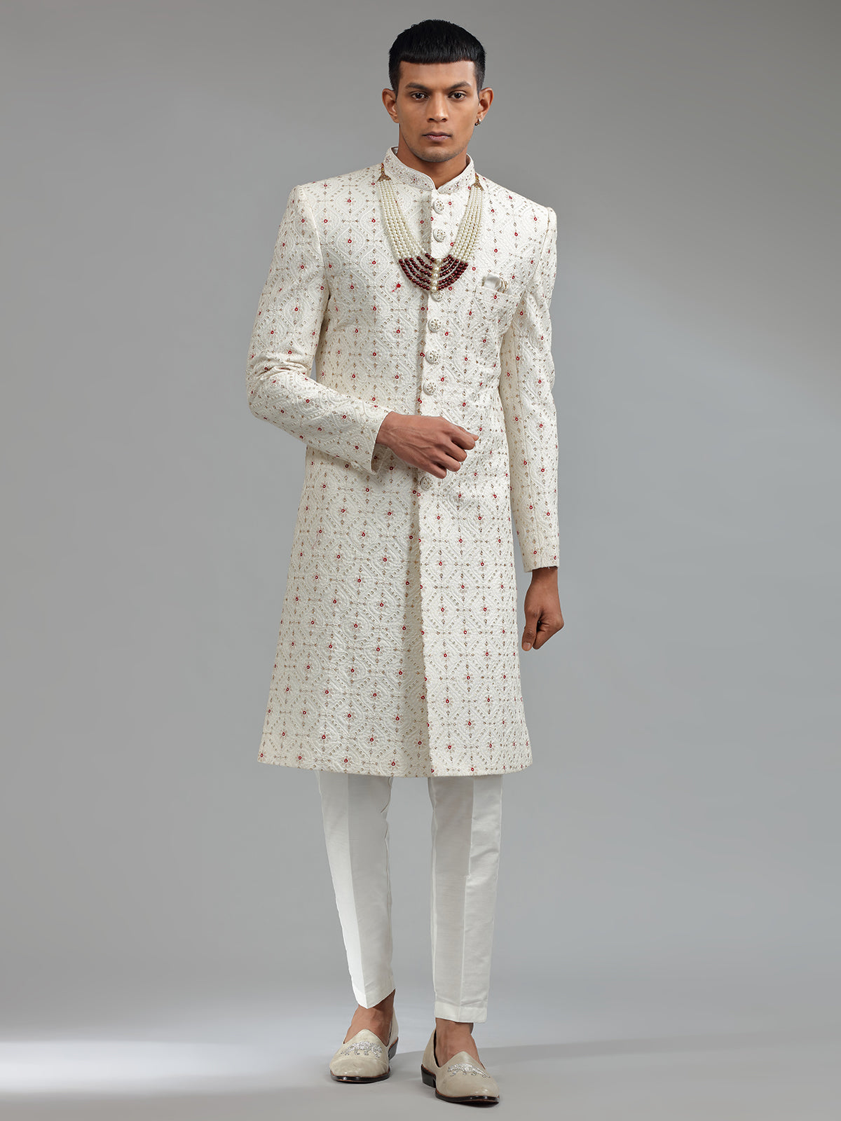 Traditional white silk sherwani wuth bottom