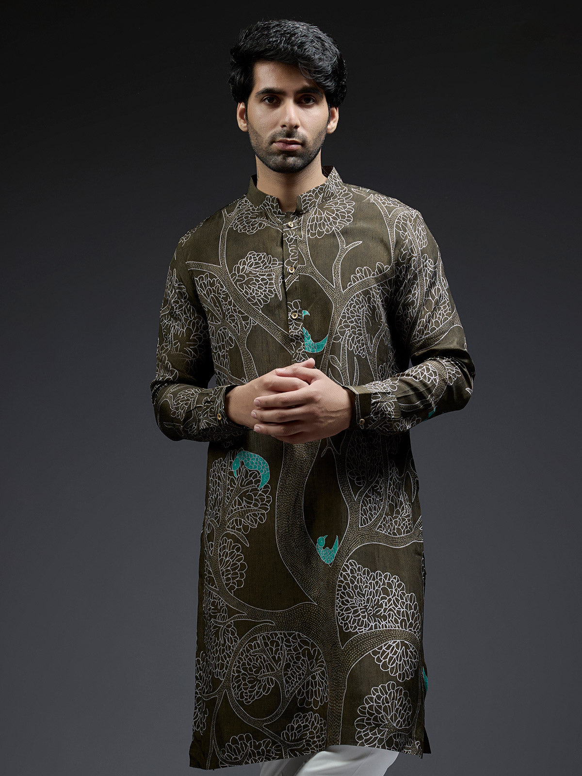 Trendy dark olive tree printed silk kurta suit for men