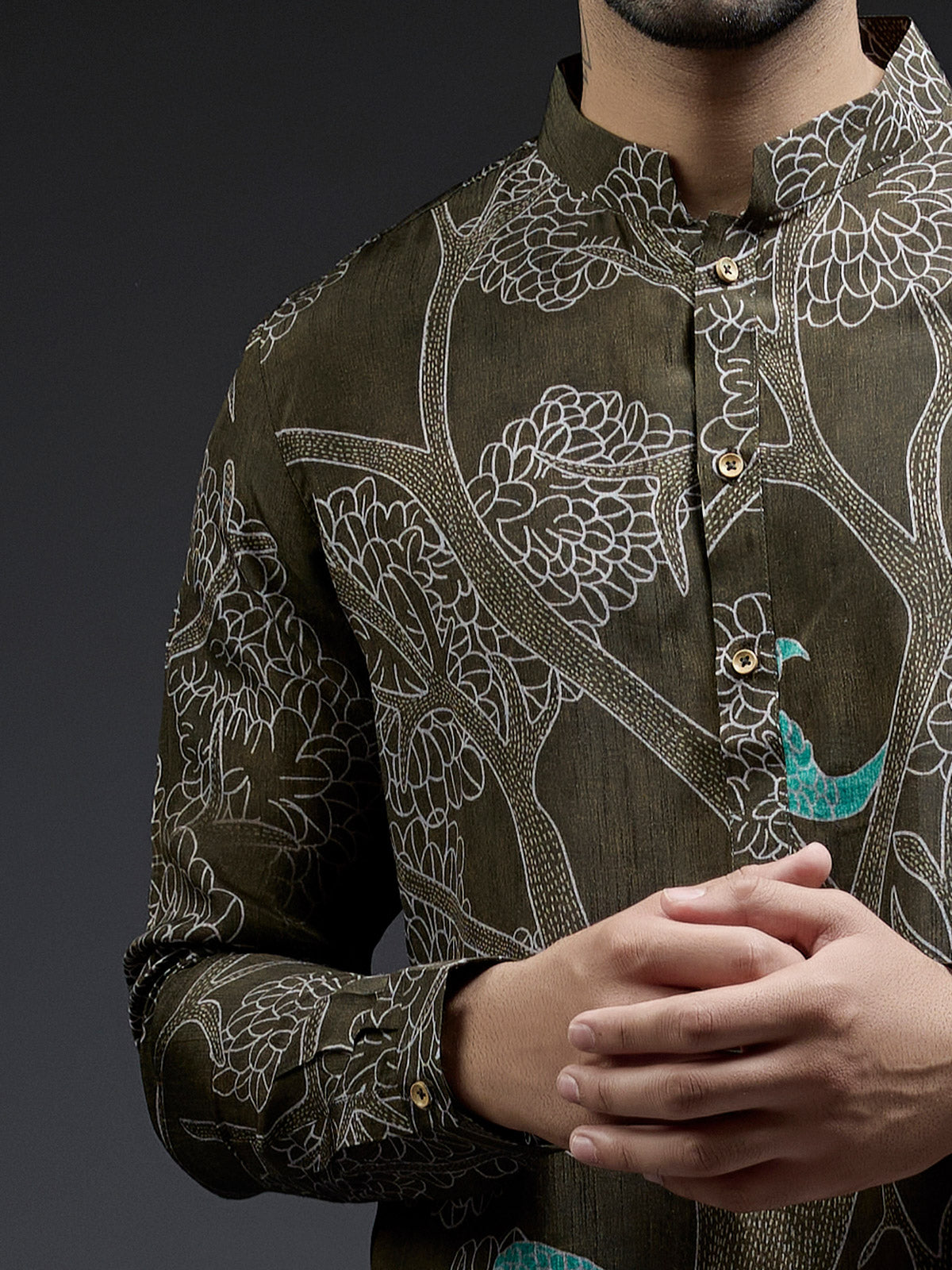 Trendy dark olive tree printed silk kurta suit for men