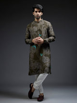 Trendy dark olive tree printed silk kurta suit for men