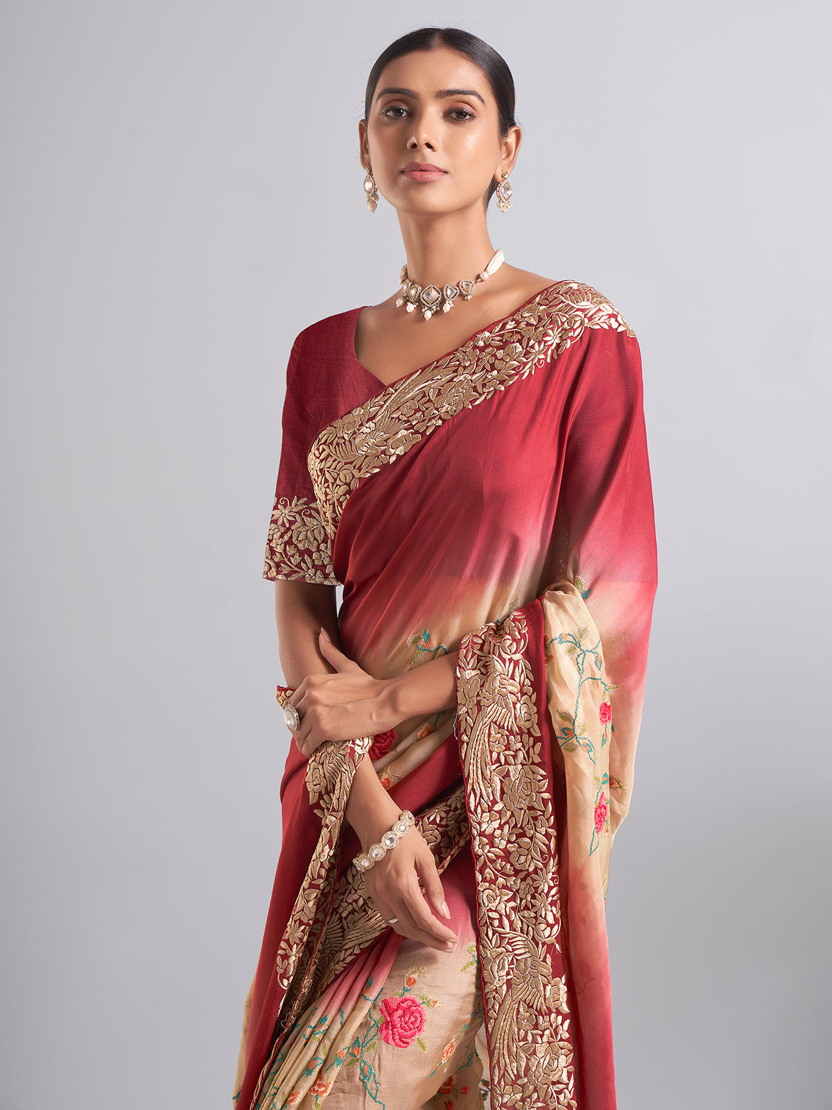 Trendy maroon georgette saree