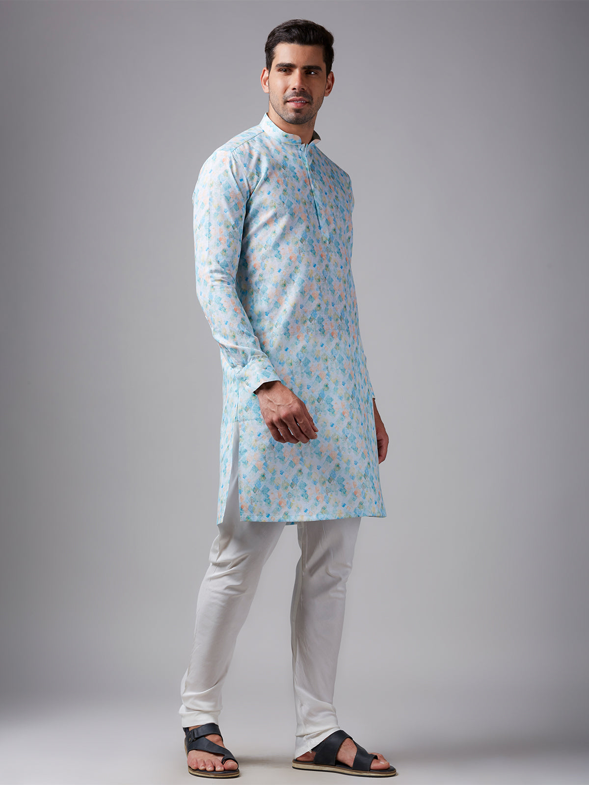 Trendy sky blue printed linen kurta suit
