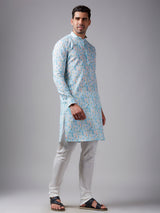 Trendy sky blue printed linen kurta suit