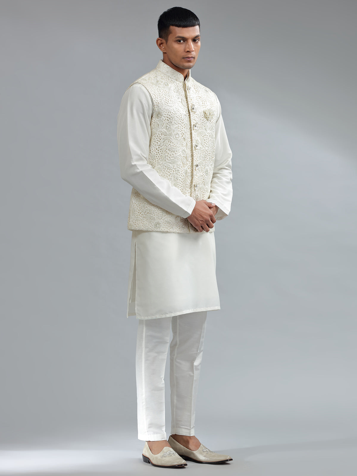 Trendy white silk waistcoat set with bottom