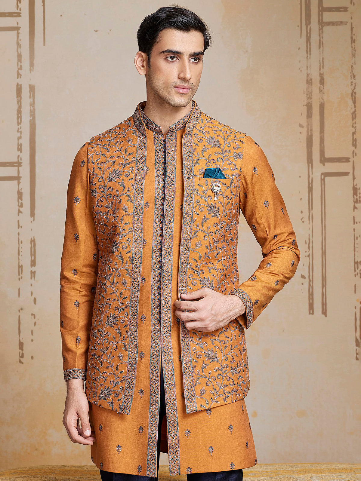 Unique mustard raw silk long waistcoat set for men