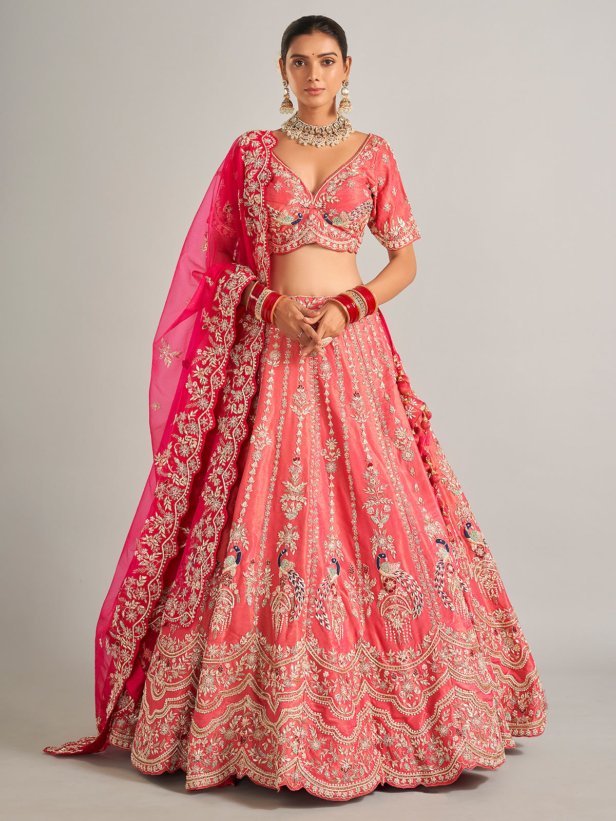 Wedding style coral pink silk lehenga choli