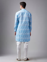 White and blue printed linen kurta suit