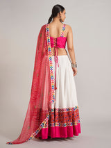 White and rani pink silk navratri chaniya choli
