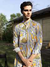 White and yellow kurta set with print