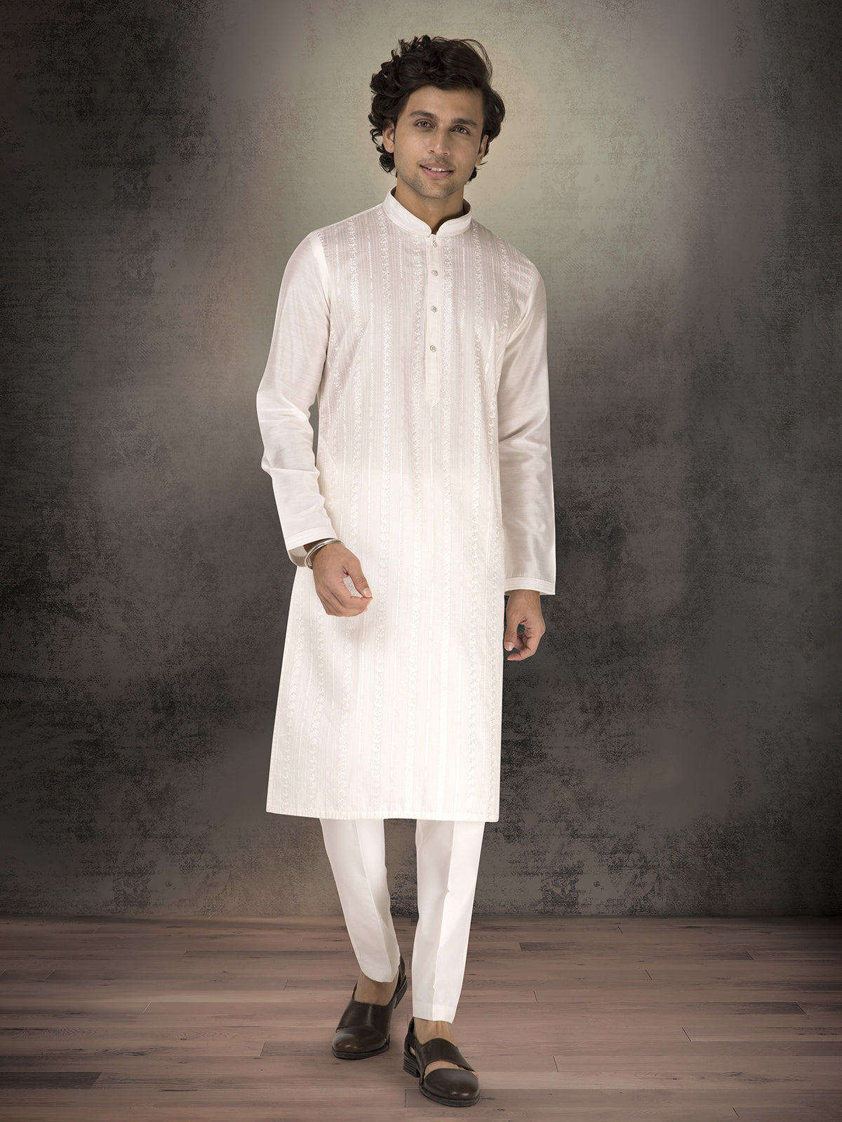 White chanderi silk thread and sequins kurta suit for festive
