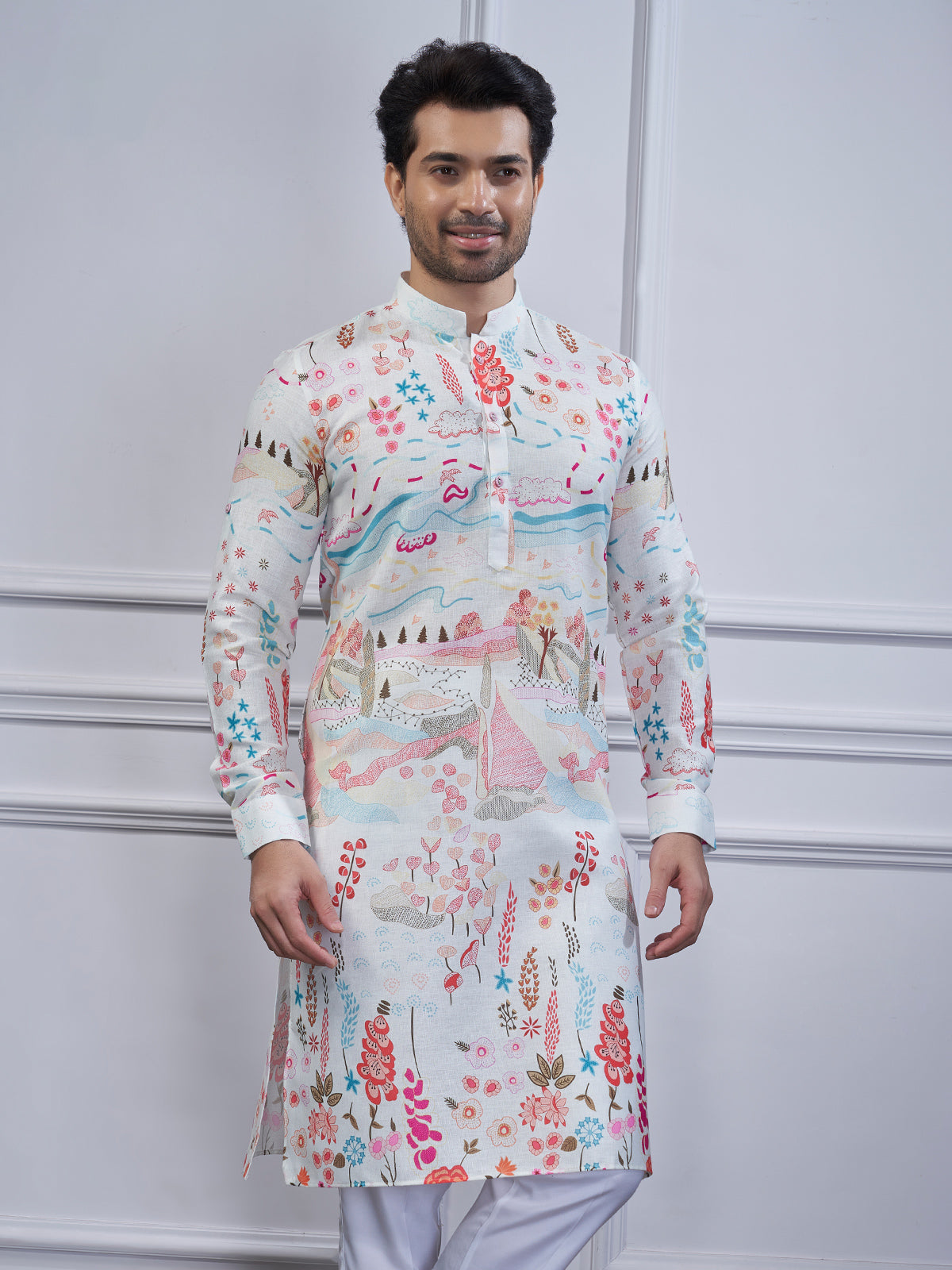 White cotton printed kurta suit for festival