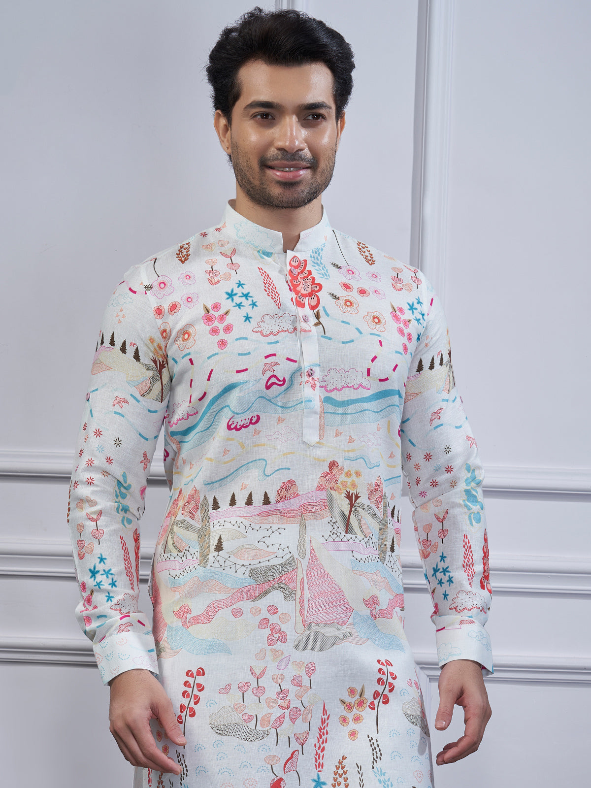 White cotton printed kurta suit for festival