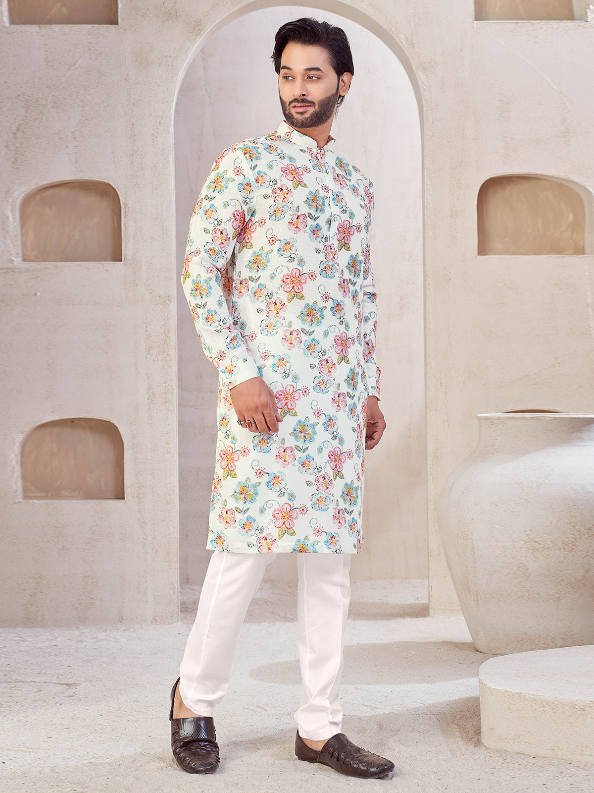 White cotton printed kurta suit for mens