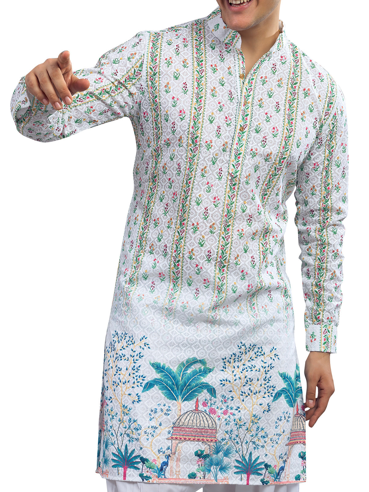 White cotton printed kurta with thread and sequins detailing
