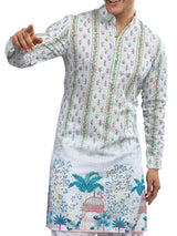 White cotton printed kurta with thread and sequins detailing