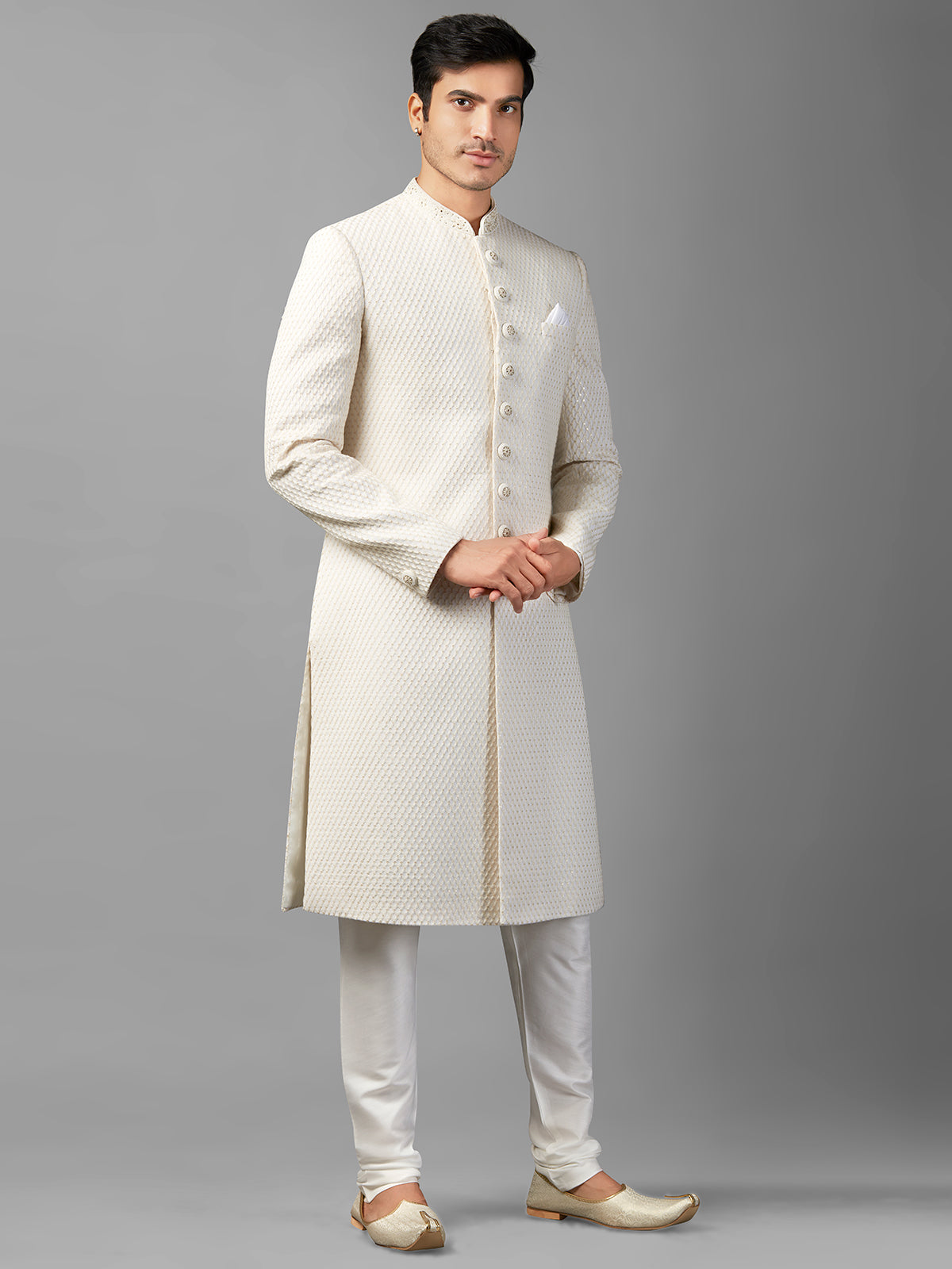 White embroidery sherwani in silk