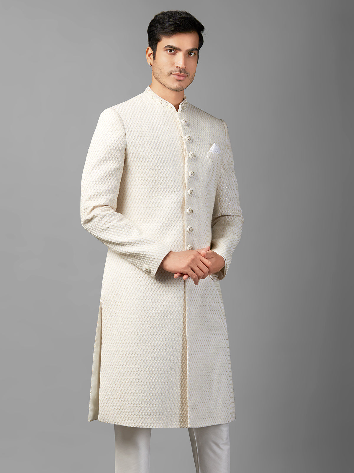 White embroidery sherwani in silk