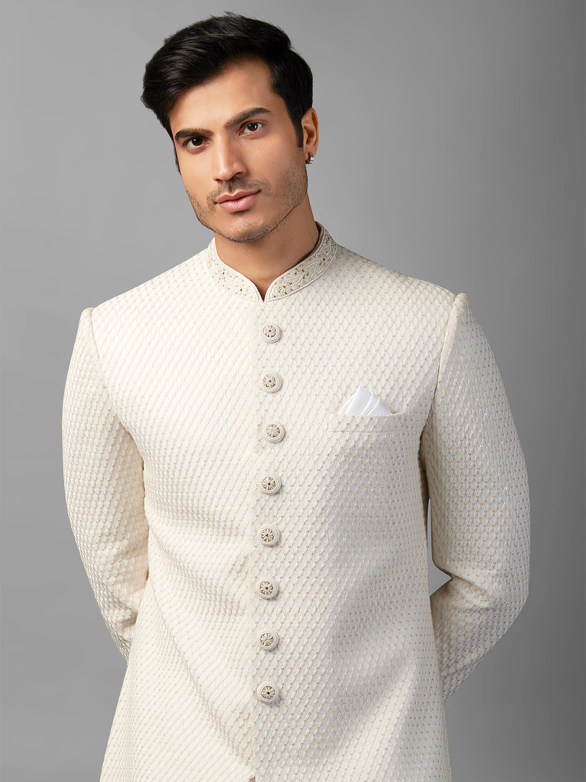 White embroidery sherwani in silk
