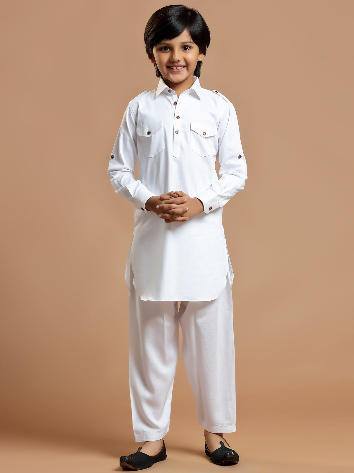 White festive season boys pathani suit in cotton silk