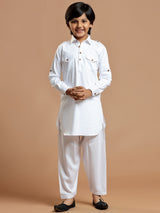 White festive season boys pathani suit in cotton silk