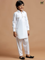 White festive season boys pathani suit in cotton silk