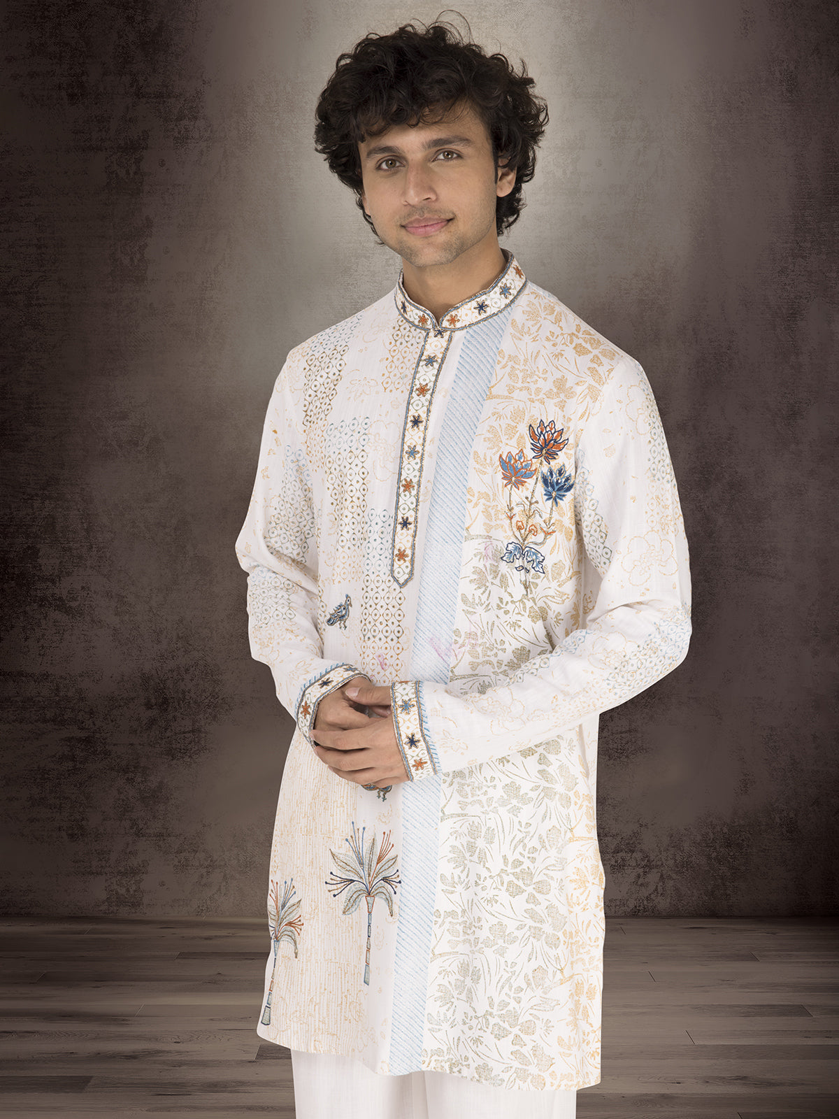 White linen cotton thread and zardosi work kurta suit