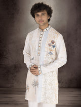 White linen cotton thread and zardosi work kurta suit