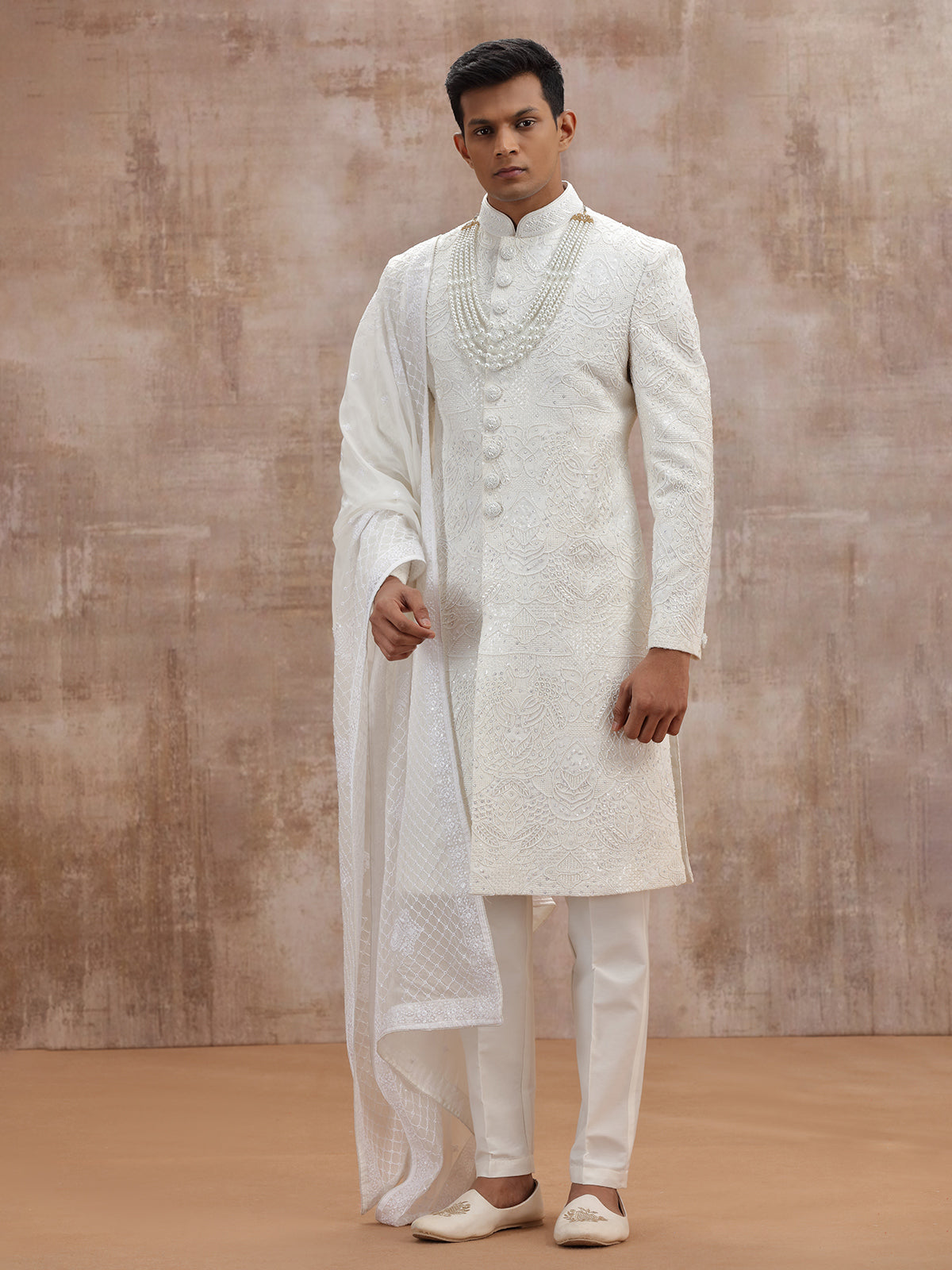 White lucknowi georgette sherwani with dupatta wedding outfit
