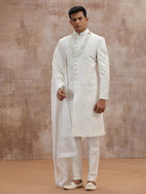 White lucknowi georgette sherwani with dupatta wedding outfit