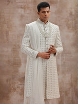 White lucknowi georgette wedding sherwani with dupatta