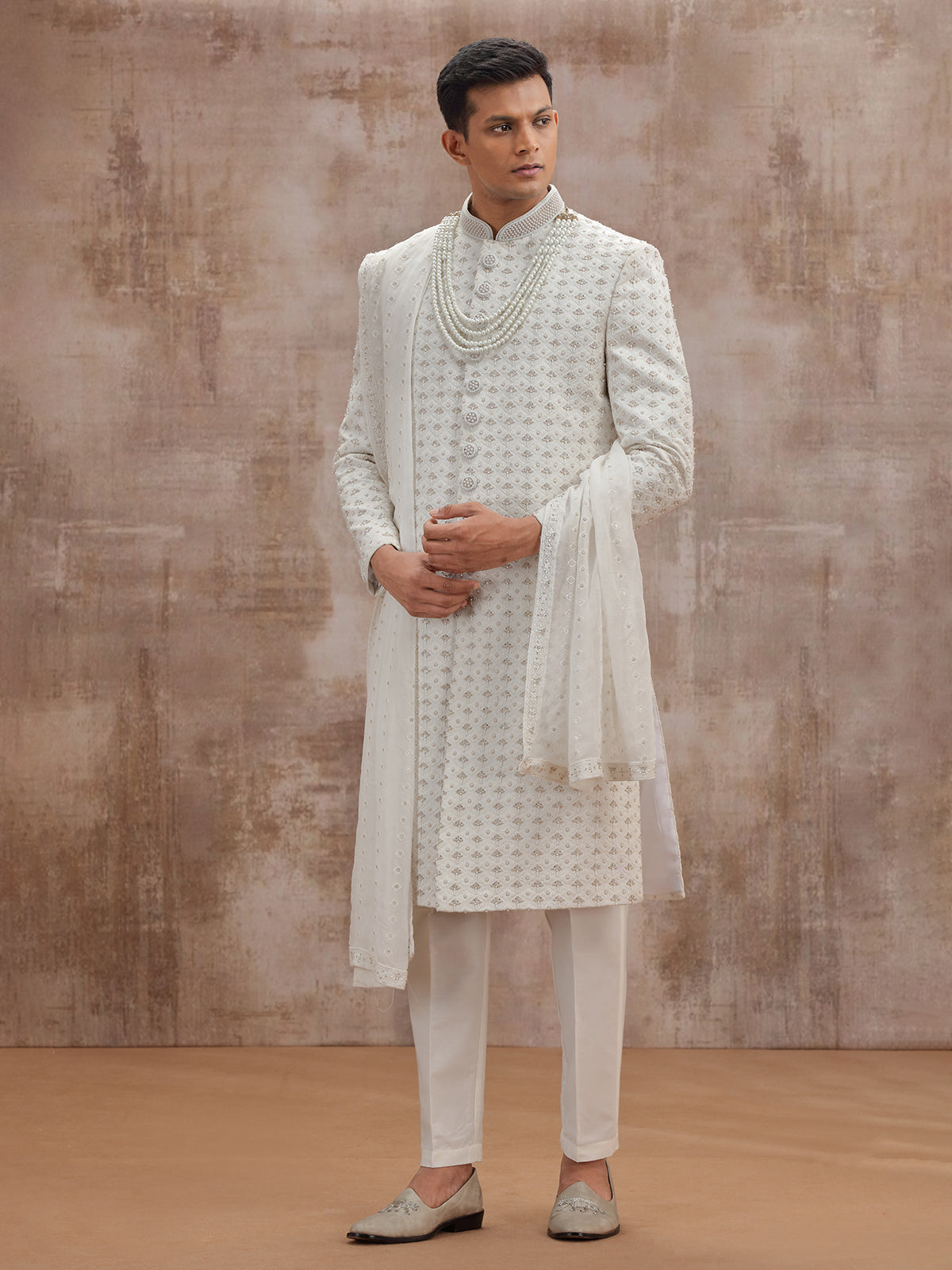White lucknowi georgette wedding sherwani with dupatta