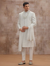 White lucknowi georgette wedding sherwani with dupatta