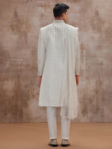 White lucknowi georgette wedding sherwani with dupatta