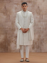 White lucknowi georgette wedding sherwani with dupatta