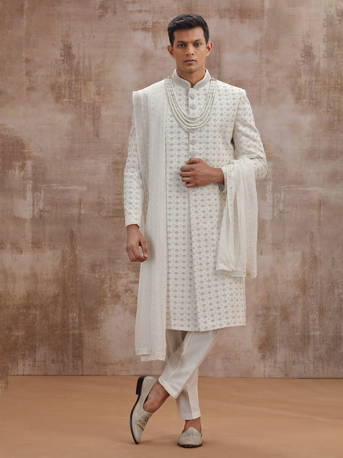 White lucknowi georgette wedding sherwani with dupatta