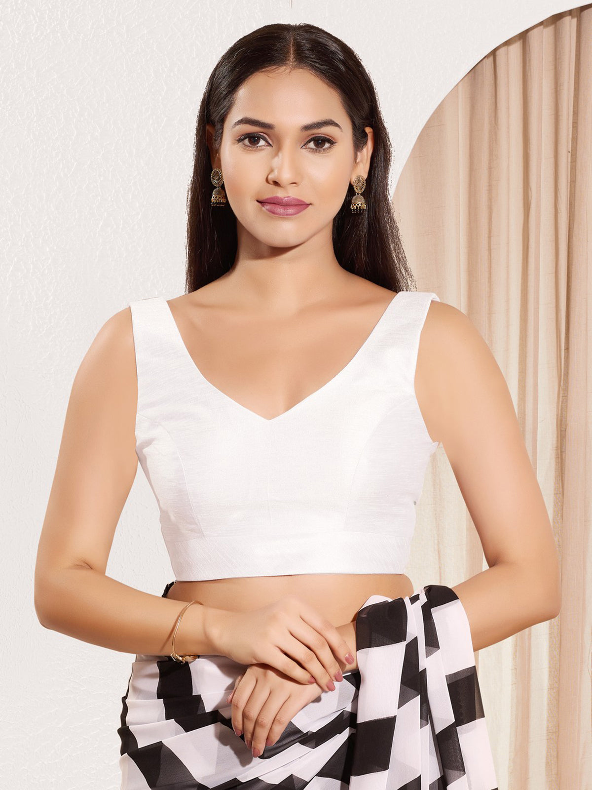 White mulburry silk round neck back open blouse