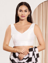 White mulburry silk round neck back open blouse